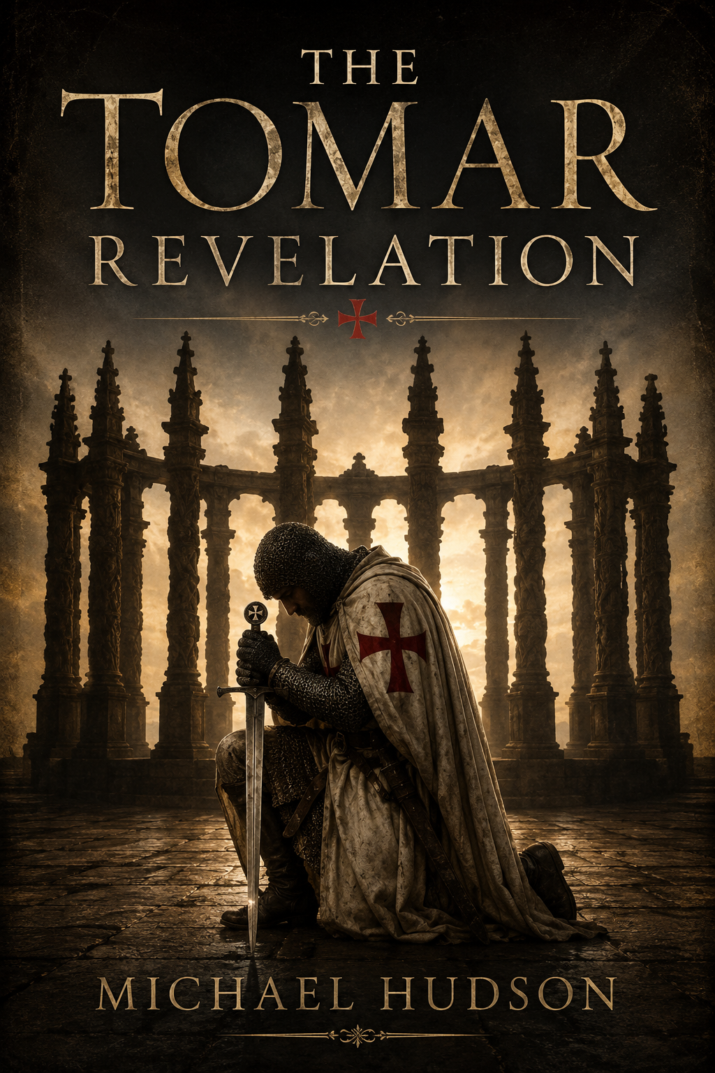 The Tomar Revelation book cover, featuring a kneeling Templar knight in prayer before the ruins of the Convento do Cristo in Tomar, Portugal